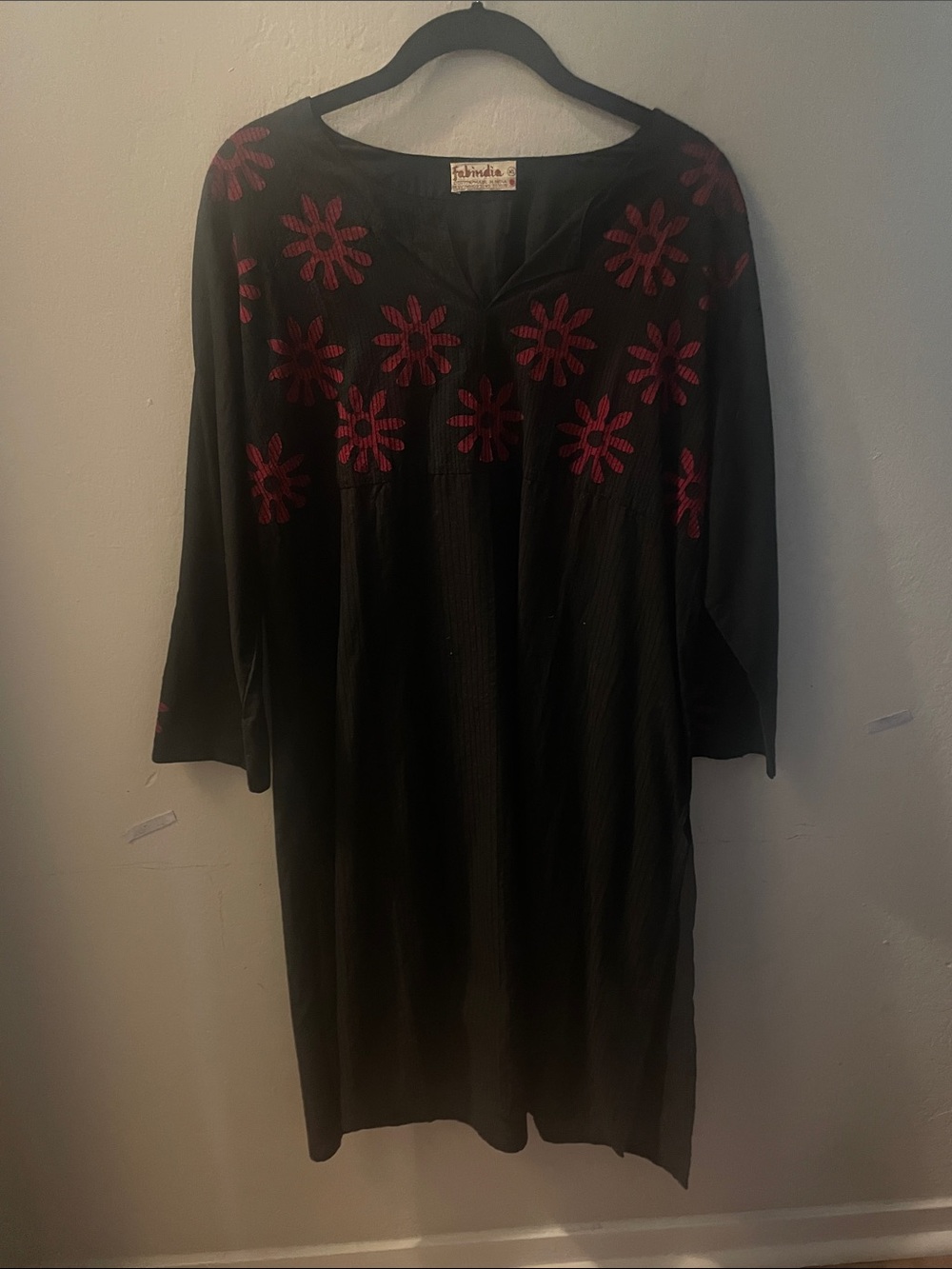 fabindia Black Long-Sleeve Tunic Dress with Pink Floral Embroidery